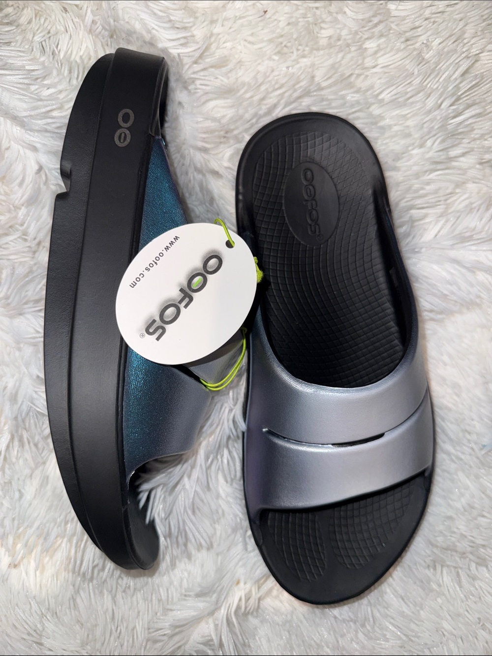 Oofos Metallic Silver and Blue Slide Sandals